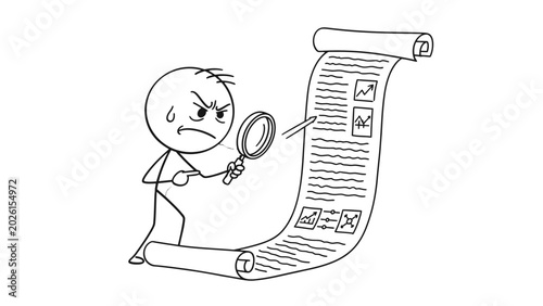 Fényképezés Stressed stick figure man with magnifying glass carefully examining a very long, complex document or report, isolated white background