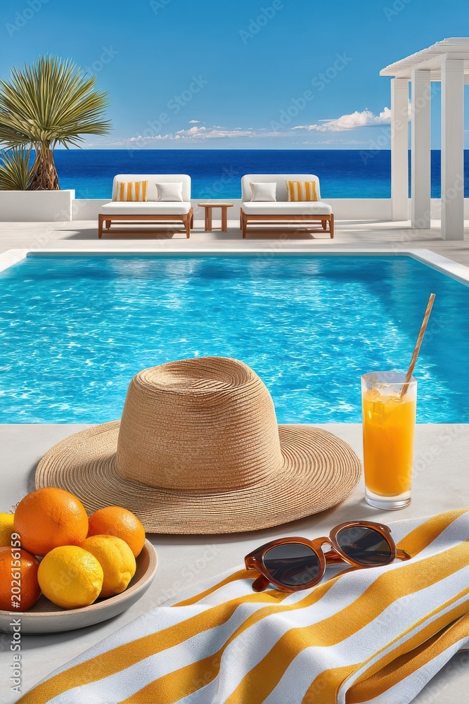 Obraz premium Sunlit poolside terrace with sunhat, sunglasses and orange juice overlooking the ocean