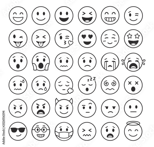 Black and White Emoji Face Icon Set with Cute Line Art Expressions