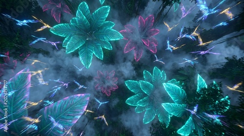 Neon Glowing Tropical Leaves and Flowers Falling Through Misty Fantasy Forest