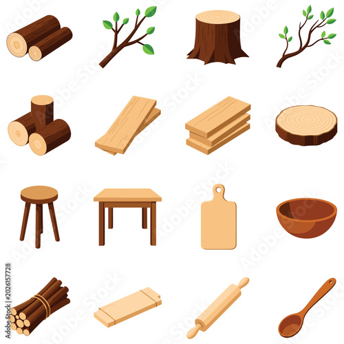 Foto Wood industry and timber production set of timber raw materials.