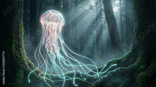 Glowing Jellyfish Humanoid Spirit Hovering Between Mossy Forest Trees