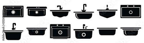 Minimalist undermount sink silhouette simple silhouette icon set. Collection of Kitchen silhouette vector icons illustration.