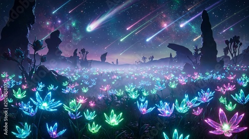 Bioluminescent alien meadow with glowing crystal flowers and vibrant meteor shower in starry night sky