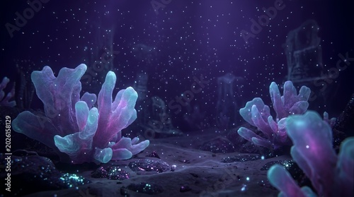 Bioluminescent alien coral reef on deep ocean seabed with glowing organisms and floating particles