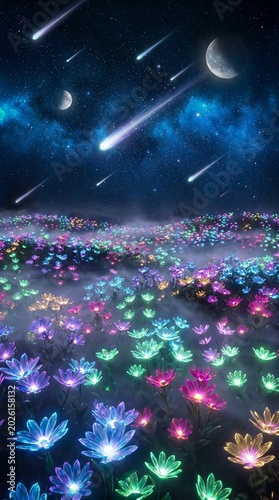 Celestial Meteor Shower Over Glowing Fantasy Flower Field space wallpaper