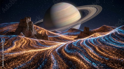 Bioluminescent alien planet desert with glowing sand dunes and large ringed gas giant in starry night sky