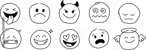 Photos Hand-drawn black and white emoji set, ten expressive faces with various emotions