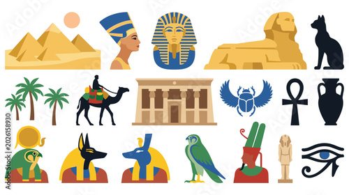 Photos Ancient Egypt history symbols and mythology icons collection.