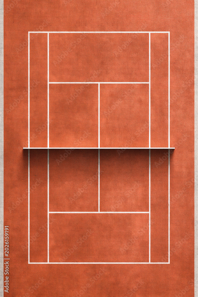 Fototapeta premium Minimal overhead view of an orange tennis court with white boundary lines and a central net shadow.