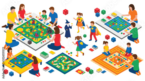 Bild auf Leinwand Family board games isometric set with people playing different games