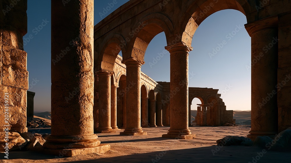 Fototapeta premium A series of tall weathered stone columns and Roman arches stand in a desert landscape during golden hour with long shadows stretching across the sandy floor