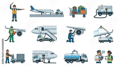 Foto Airport ground crew and vehicles servicing an airplane.