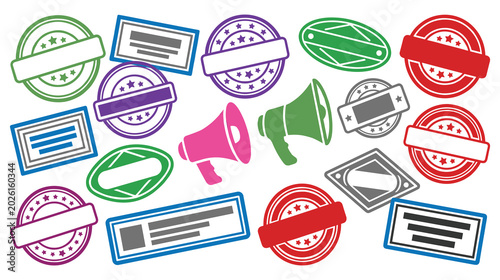 Canvastavla Collection of blank colorful postal stamps and megaphone symbols.
