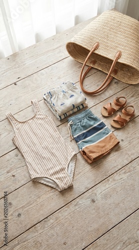 Children's swimsuit, trunks, sandals, and straw bag on a wooden floor. Light and airy summer vacation mood. Ideal for travel or fashion editorial content.