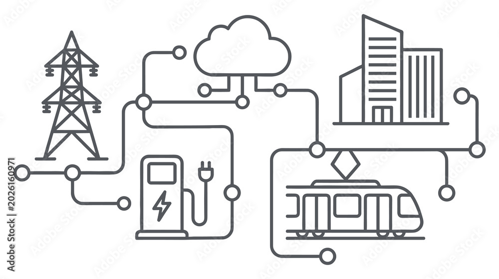 Fototapeta premium Smart city grid connection with electric power and transport system.