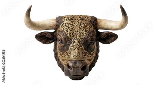 Decorative bull head sculpture with intricate gold filigree on a transparent background PNG file