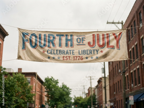 Fourth of July Celebrate Liberty banner over an urban street
