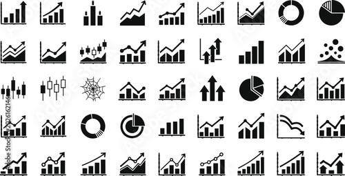 Fotografi Set of Black and White Business and Financial Chart Icons – Graphs, Arrows, Pie