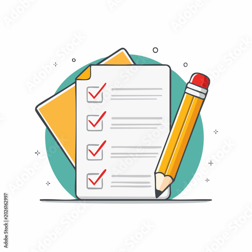 Checklist with Pencil and Red Checkmarks