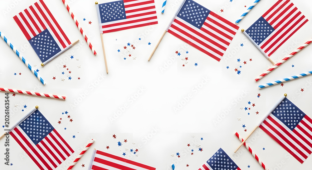 Fototapeta premium 4th july celebration american flags confetti patriotic party decorations flatlay