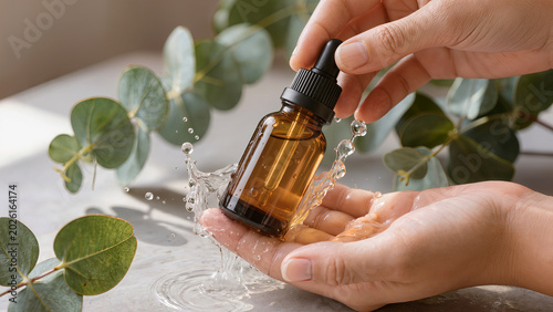 Aesthetic Shot of Hands Holding Amber Glass Dropper Bottle with Water Splashes
