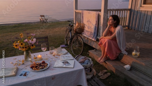Pensive Woman Watching Sunset From Country House Deck