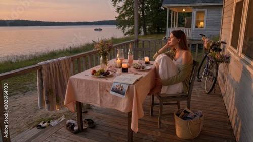Peaceful Evening on a Lakeside Cabin Veranda