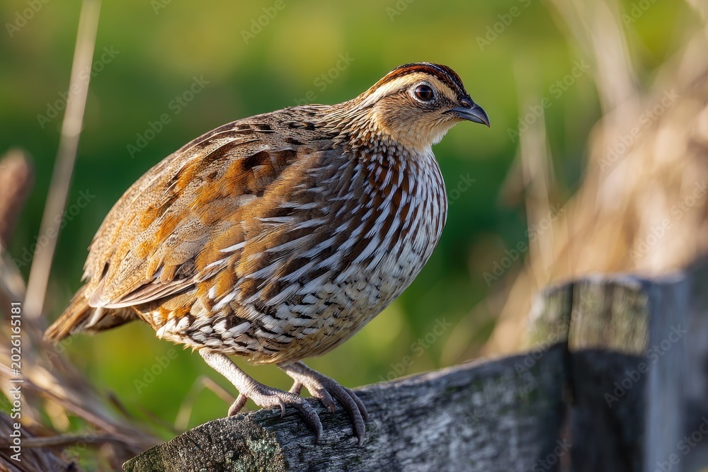 Fototapeta premium Close-up portrait of a Japanese quail in a sunlit farmyard