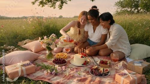 Diverse Female Companions Celebrating Birthday in Green Field