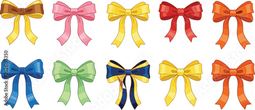 Colorful Ribbon Bow Vector Icon Set Featuring Various Silk and Satin Knots for Birthday Gifts, Christmas Presents, and Holiday Celebration Packaging Designs