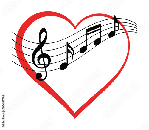 Obraz na płótnie Heart with Musical Notes: A red heart entwined with a musical staff and notes, symbolizing a love for music
