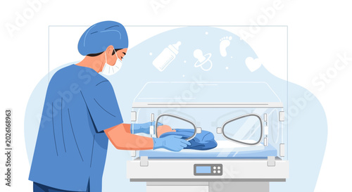 Neonatal intensive care unit nurse caring for newborn baby in incubator