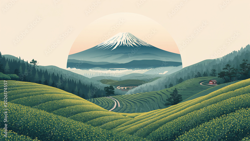 © bephoto - 新緑の茶畑と富士山を円形に描いた清々しい和風風景 © bephoto - 新緑の茶畑と富士山を円形に描いた清々しい和風風景