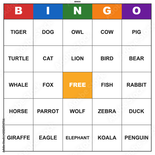 Animal word bingo game card. Printable template for a fun classroom or party activity