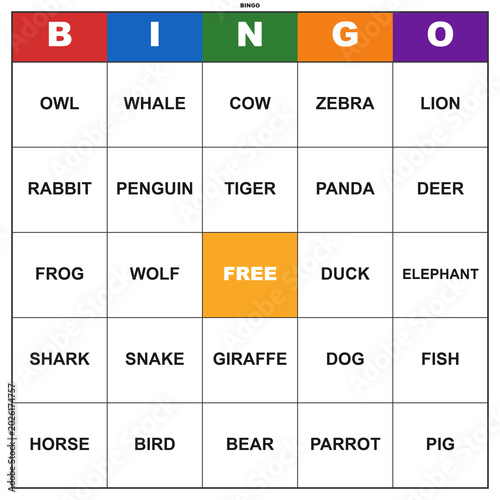 Animal bingo card with animal names. Printable 5x5 grid for a fun educational party game. Classroom activity worksheet