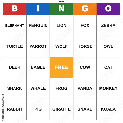 Animal word bingo game card. Printable template for a fun classroom or party activity