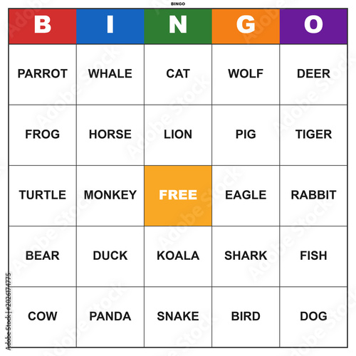 Animal bingo card with animal names. Printable 5x5 grid for a fun educational party game. Classroom activity worksheet
