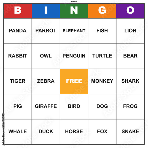 Animal bingo card with animal names. Printable 5x5 grid for a fun educational party game. Classroom activity worksheet