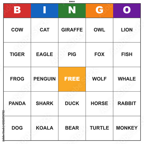 Animal bingo card with animal names. Printable 5x5 grid for a fun educational party game. Classroom activity worksheet