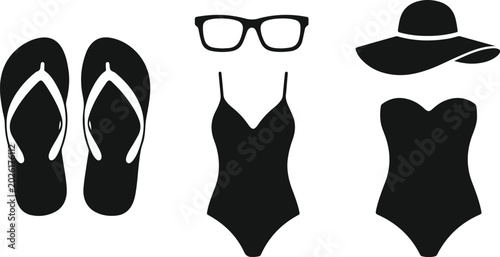 Canvas-taulu Black beachwear and accessories set isolated on transparent background, Vector,