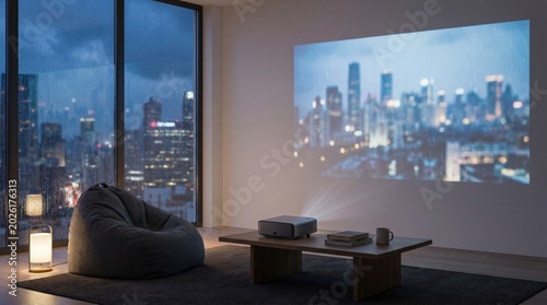 A projector displays a city view on a wall in a cozy room. Atmospheric evening mood with rain outside. Perfect for home entertainment and relaxing lifestyle content.