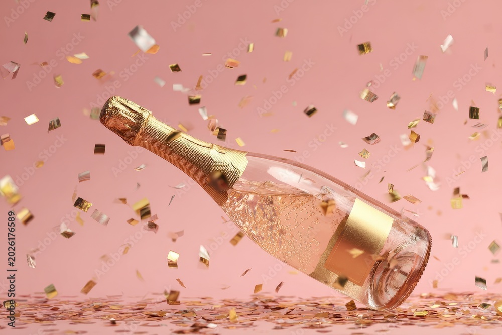 Fototapeta premium Elegant pink background featuring a champagne bottle and metallic confetti