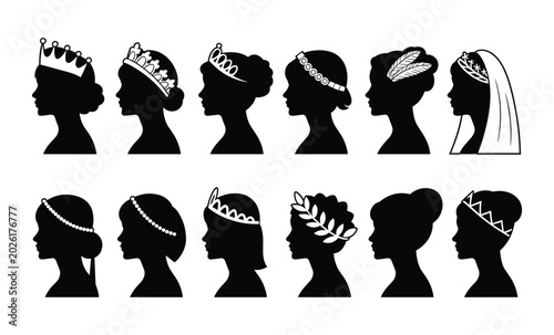 Tableau sur toile Set of twelve elegant female silhouettes featuring diverse decorative crowns and