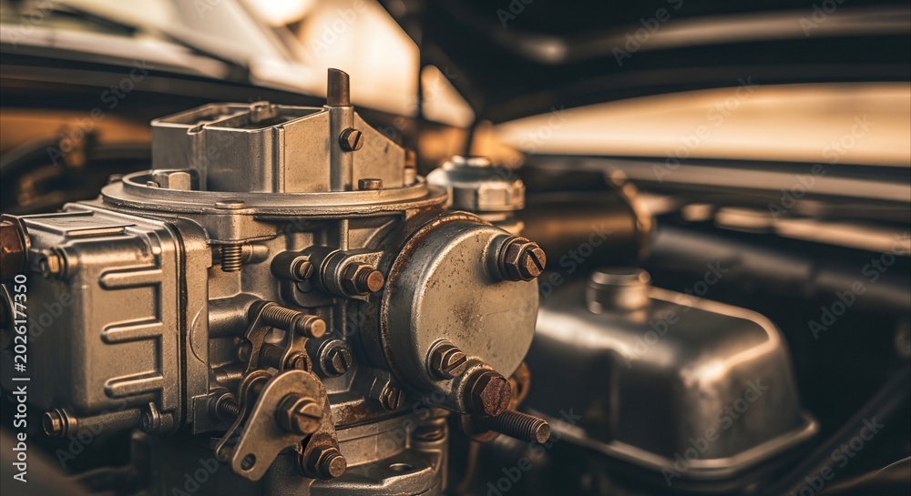 Fototapeta premium Vintage carburetor close-up, detailed mechanical parts under classic car hood, automotive nostalgia and craftsmanship