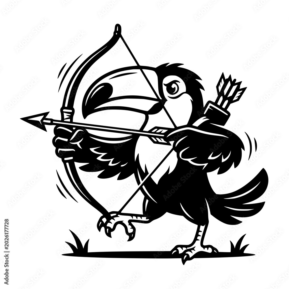 Fototapeta premium A cartoon toucan with determined eyes pulls back a bowstring, aiming an arrow with precision, ready to strike its target with cartoonish flair and a dynamic, action-packed pose. vector illustration