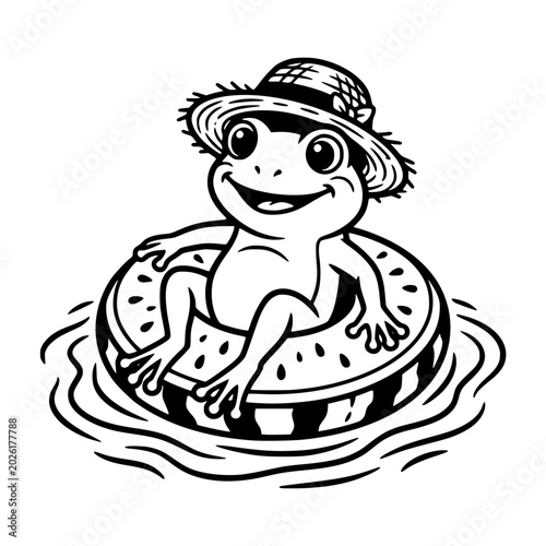A cheerful cartoon frog wearing a straw hat floats on an inner tube, enjoying a sunny day at the water. vector illustration