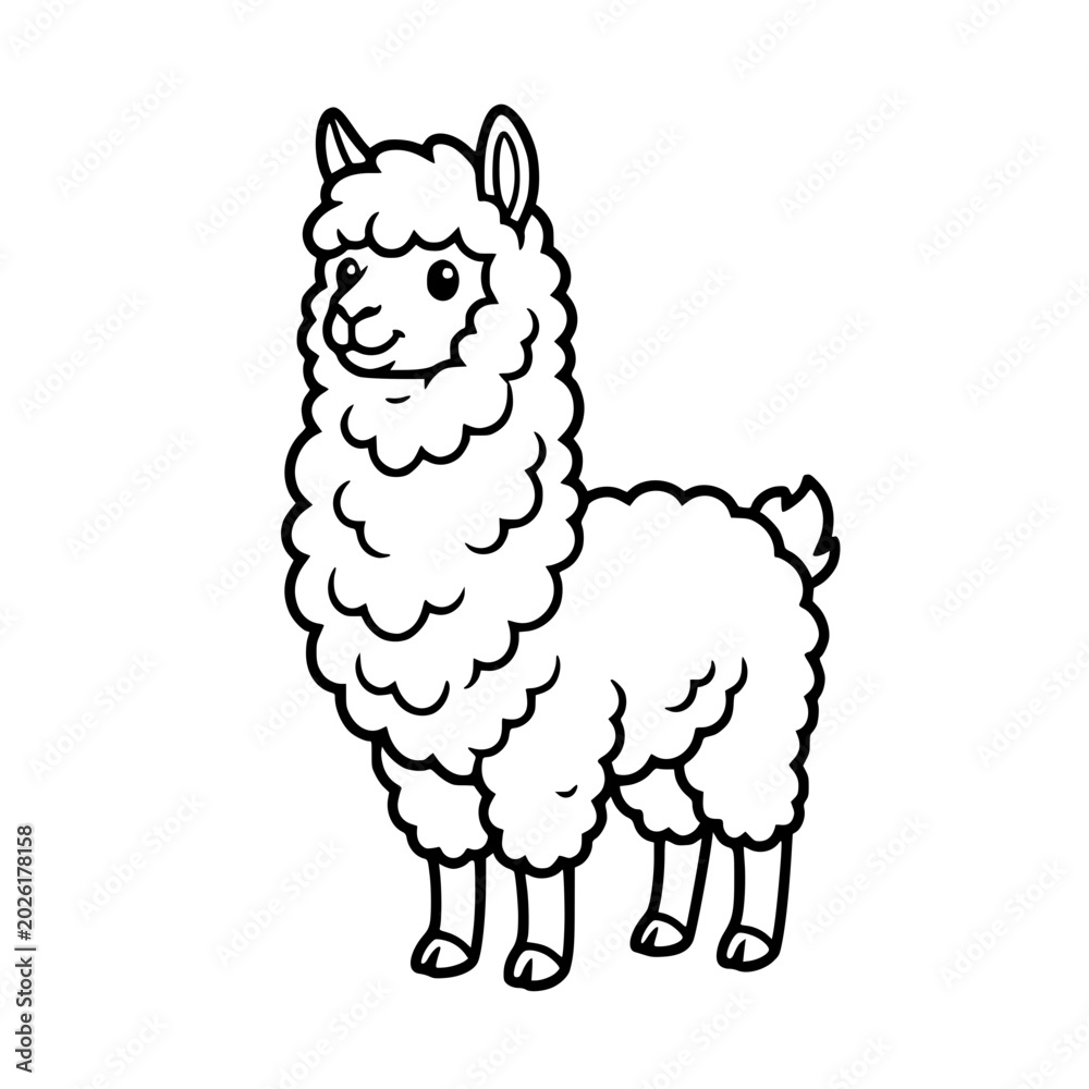 Fototapeta premium A cute, stylized llama is depicted in a simple black and white drawing, showcasing its fluffy wool and gentle expression. vector illustration