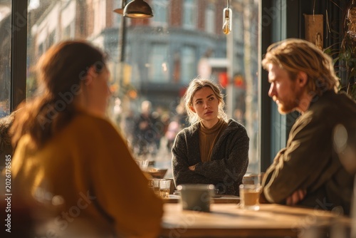 Angry girlfriend confronts a disloyal partner in a busy cafe