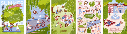 Summer festival in the park and picnic. Vector illustrations of a scene with musicians, bike ride, music, lake, fountain, trees, people relaxing, concert,  barbecue, swimming in the river, nature, cit